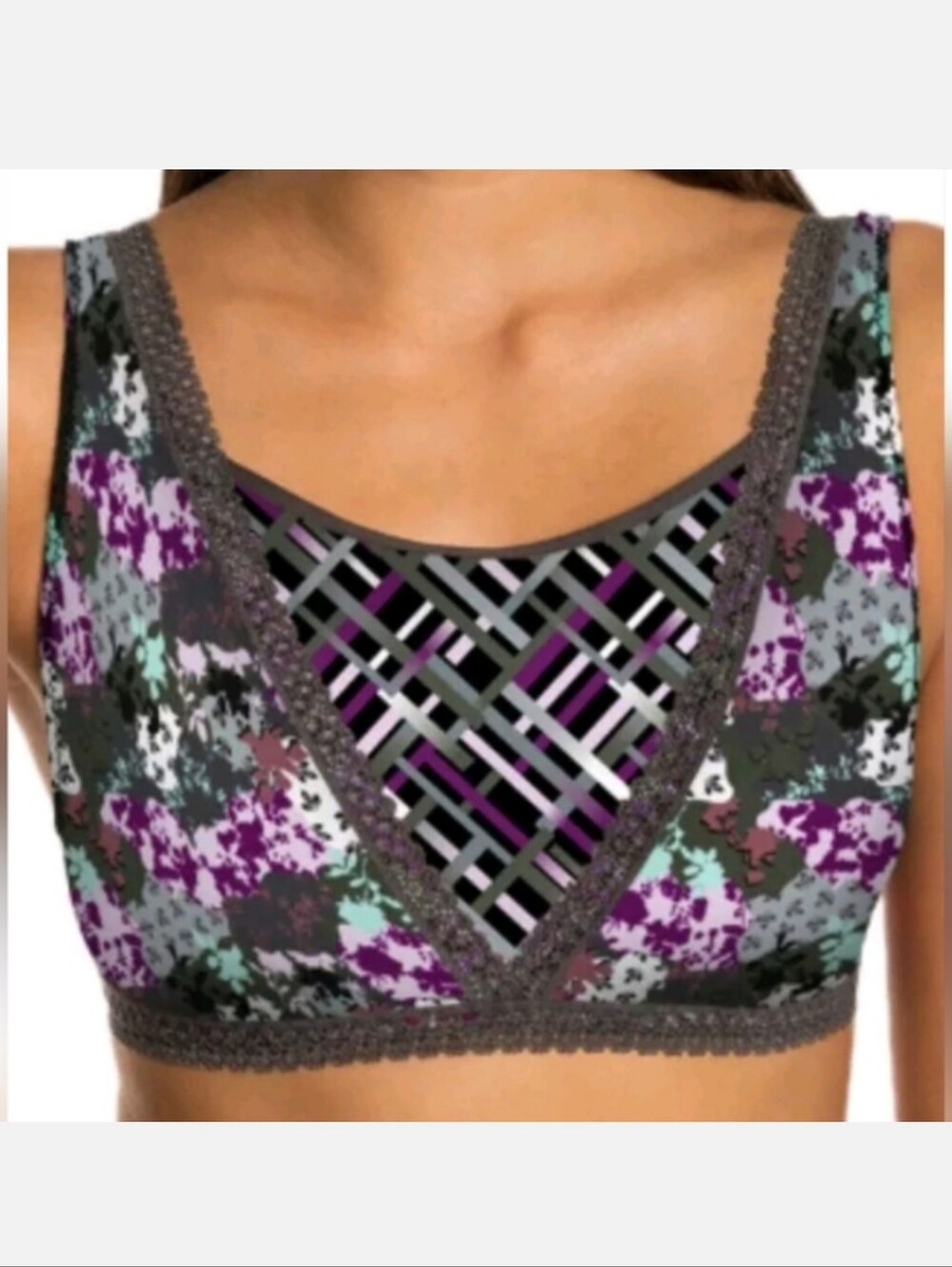 Candie's Mesh Lace Bralette Bra Plaid Floral Purple Gray White XL NWT $24